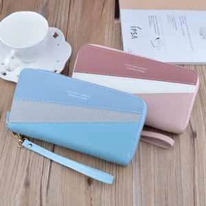 Long wallet women double zipper clutch color block large capacity coin purse phone bag
