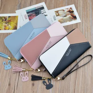Women long wallet colorblock zipper purse tassel phone bag fashion ladies clutch.