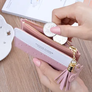 Portafoglio corto rosa e bianco da donna con cerniera e nappina, portamonete in stile coreano.