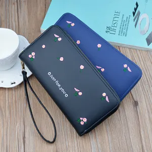 Women's long zipper wallet clutch fashion embroidered floral soft leather purse large capacity