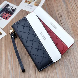 Women's long wallet zipper clutch PU leather color blocking plaid purse fashion wrist bag