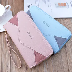 Femme long portefeuille double fermeture éclair bloc de couleur PU cuir sac à main