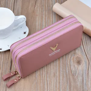 Women double zipper long wallet pink PU leather phone purse card holder chic daily clutch bag