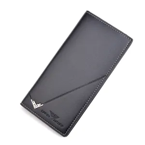 Men's long vertical black soft leather wallet with card slots and stylish white stitching.