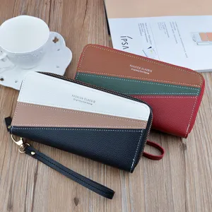 Women's long wallet double zipper color block clutch bag large capacity wristlet purse