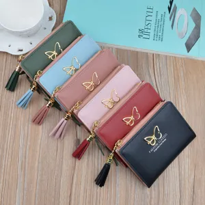 Women short PU leather wallet coin purse with cute butterfly and tassel charm multi colors main