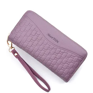 Women long double zipper purple wallet PU leather clutch purse with wrist strap card holder