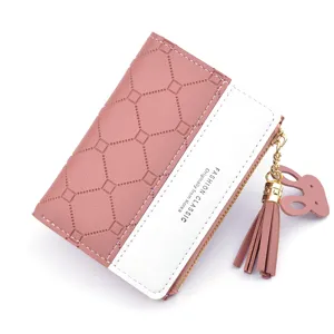 Portafoglio corto donna rosa bianco bicolore in pelle PU con cerniera e nappina graziosa