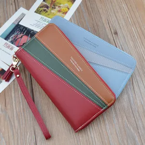 Women long zipper wallet stylish color block clutch purse large capacity phone bag daily use.