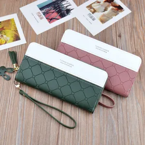 Women long wallet zipper clutch contrasting color plaid pattern wristlet purse fashion