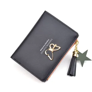 Black short women's wallet with zipper, gold butterfly charm and tassel pendant for daily use.