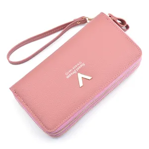 Pink double zipper long wallet for women, stylish pu leather clutch bag with wrist strap.