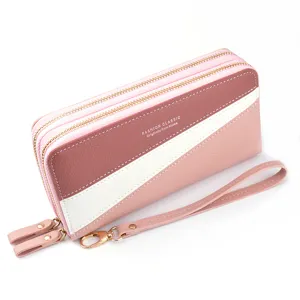 Women's long double zipper wallet fashion color block wristlet clutch purse handbag large capacity