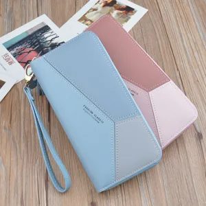 Women long wallet zipper wristlet color block PU leather purse card holder daily use