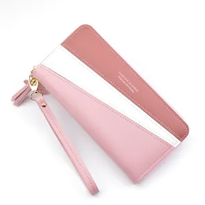 Women long zip wallet color block clutch purse with wristlet tassel stylish phone bag casual