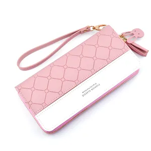 Women long zipper wallet pink white contrast color plaid clutch bag with wrist strap and tassel.
