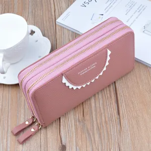 New double zipper long wallet for women, large capacity leather purse with card slots.
