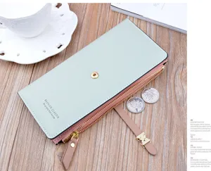 Women long wallet dual zipper mint green soft leather purse with card slots detailed view.