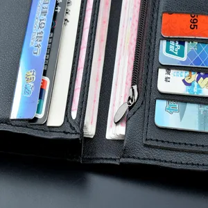 Men's long black wallet with multiple card slots, bill compartments, and zipper coin pocket design.