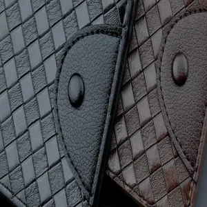 Men woven leather wallet detail view, retro style long purse with button closure and card slots.