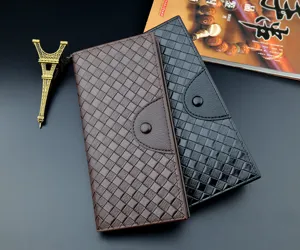 Men's long woven wallet vintage PU leather business card holder clutch bag with snap closure.