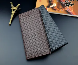 Men long woven leather wallet vintage card holder multi-slot business black brown fashion purse.
