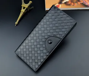 Men's Black Woven Long Wallet Classic Business Card Holder Large Capacity Elegant Suit Purse