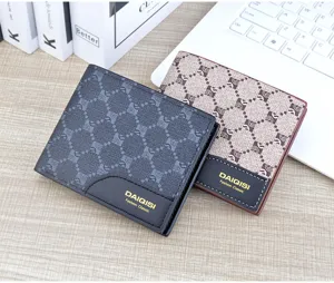 Men's short wallet detailed view, featuring retro grid print and multi-card slots.