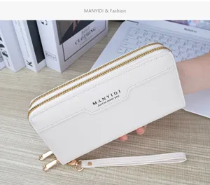 White long double zipper women wallet with wrist strap soft leather card holder purse.