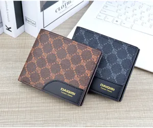Men short wallet vintage grid print PU leather card holder business casual purse