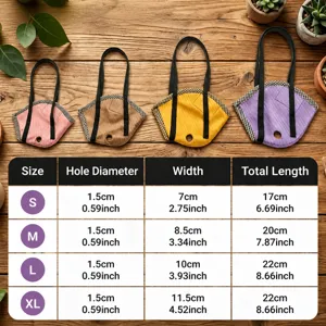 Tabella delle taglie della borsa per uccelli con dimensioni e misurazioni per quattro colori diversi.