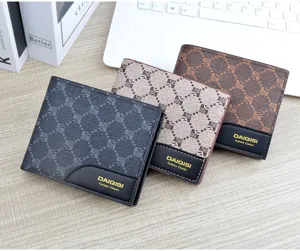 Men's short plaid leather wallet with multiple card slots and vintage design for casual daily use.