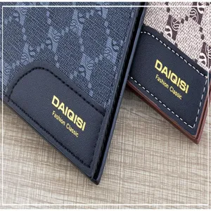 Men short wallet detail view, retro monogram print, soft leather material with card slots.