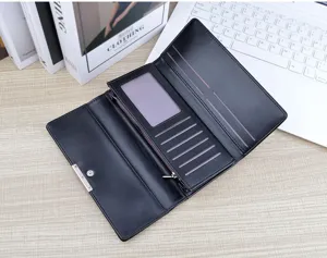 Black long women wallet multi card slots soft leather trifold clutch purse detailed view