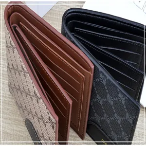Close-up detail view of men short wallets featuring monogram print and multiple card slots.