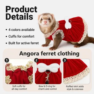 Cozy red velvet ferret dress with white bow, lace trim and leash D-ring for cute pets.