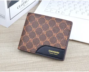 Men's short checkered leather wallet with multiple card slots and classic fashion design.