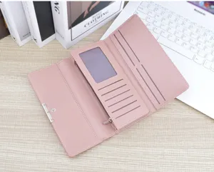 Women soft leather long wallet with multi-card slots and tri-fold design detail view.