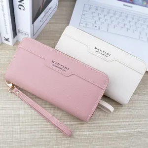 Women long double zipper wallet PU leather clutch purse with wrist strap card holder