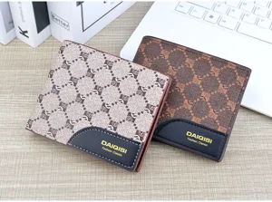 Men's vintage grid short wallet with multiple card slots and soft leather texture detail.