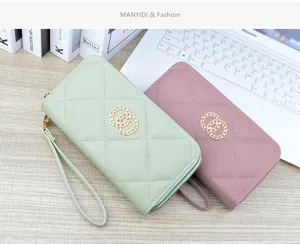 Women long double zipper wallet quilted purse with wrist strap and chain decor stylish handbag