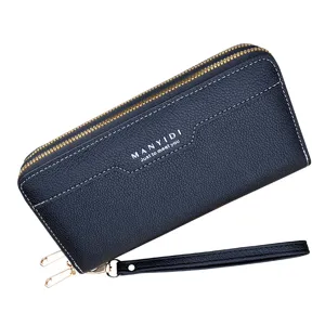Women's long double zipper wallet with wrist strap, soft leather purse, big capacity.