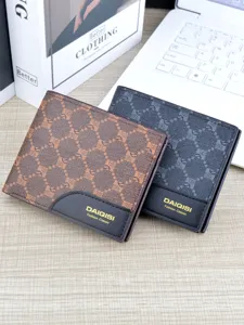 Men's short bifold wallet with retro monogram pattern, soft leather card holder and cash pocket.