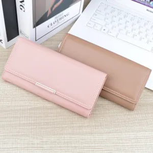 Women's Long PU Leather Tri-Fold Wallet Fashion Minimalist Solid Color Large Capacity Clutch Card Holder Wallet with Metal Buckle