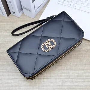 Women long wallet double zipper clutch black quilted PU leather purse with wrist strap