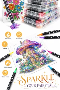 Set de rotuladores brillantes de doble punta con estuche transparente y detalle de arte.