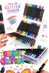 Primer plano detallado del juego de rotuladores con purpurina y colores brillantes.