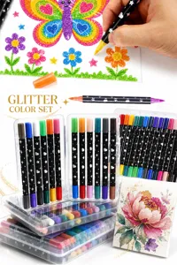 Set de rotuladores brillantes de doble punta con caja, ideal para dibujo, manualidades y diseño.