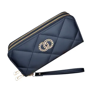Women long wallet double zipper clutch bag PU leather quilted purse with wrist strap dark blue