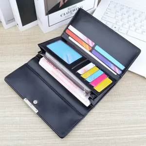 Long black soft leather women wallet with multi card slots, large capacity and phone pocket.